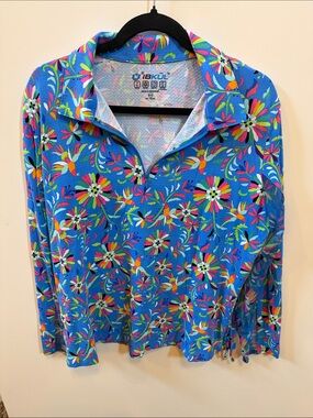 IBKUL Blue Multicolor Floral Quarter-Zip Polo